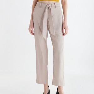 All : Row Beige Slacks Straight Leg Pants with Sash Tie - S Small